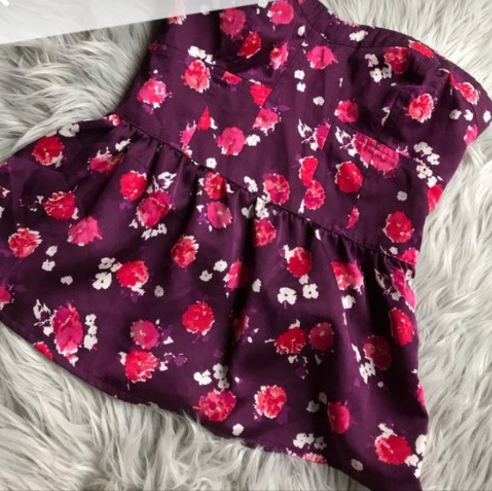 Satin floral strapless peplum top